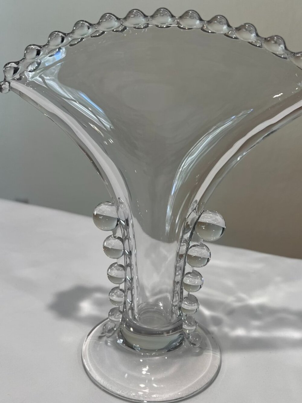 Vintage Imperial Glass Candlewick Fan Vase with Beaded Rim and Stem